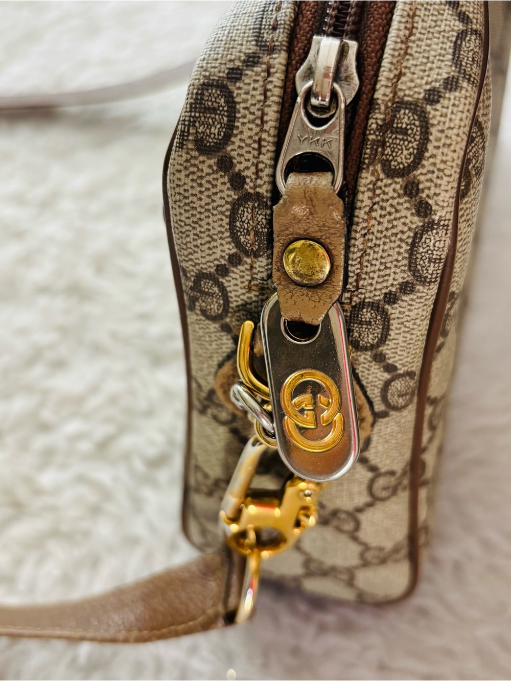 Gucci Vintage Sherry Line PVC GG Logo Brown/Beige Leather Small Shoulder Bag - Picture 5 of 16